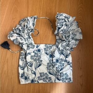 Floral Ruffle Sleeve Top - Blue and White